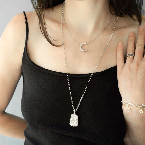 Sun, Moon & Stars Midi Crescent Moon Silver and Moonstone Pendant